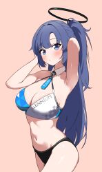  absurdres alternate_costume arm_up armpits black_halo black_panties blue_archive blush breasts cleavage closed_mouth female halo hand_in_own_hair highres large_breasts long_hair looking_at_viewer millennium_cheerleader_outfit_(blue_archive) navel official_alternate_hairstyle oreothecream panties ponytail purple_eyes purple_hair solo sports_bra sweat underwear white_sports_bra yuuka_(blue_archive) 