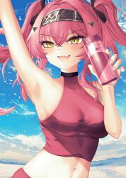  absurdres alternate_costume aoi_(ayakaze_aoi) arm_up armpits bare_shoulders black_bow blue_sky bow breasts can commentary_request crop_top day drink_can female hair_ornament hairband hairbow highres holding holding_can long_hair lupa_(wuthering_waves) medium_breasts metal_hairband navel open_mouth outdoors pink_hair pink_shirt shirt sky sleeveless sleeveless_shirt smile solo stomach teeth twintails upper_teeth_only wuthering_waves yellow_eyes 