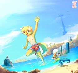  anthro avian axy_usagi beach bird blue_sky canid canine canis cheek_tuft chest_tuft clothed clothing domestic_dog duo facial_tuft fur futuristic hair hi_res looking_at_viewer male mammal multicolored_body multicolored_fur navel open_mouth pose rock scalie sky swimwear swimwear_only tail topless tuft water watermark 
