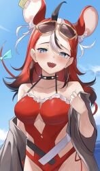 absurdres ahoge animal_ear_fluff animal_ears bare_shoulders black_hair blue_eyes blue_sky blush bow breasts casual_one-piece_swimsuit choker cleavage collar collarbone day eyewear_on_head female frills hair_between_eyes hakos_baelz hakos_baelz_(holonatsu_paradise) highres hololive hololive_english holonatsu_paradise ilie_ilie long_hair looking_at_viewer medium_breasts mouse_ears mouse_girl mouse_tail multicolored_hair one-piece_swimsuit open_mouth outdoors red_hair red_one-piece_swimsuit sharp_teeth sky smile solo spiked_choker spiked_collar spikes streaked_hair sunglasses swimsuit tail tail_bow tail_ornament teeth virtual_youtuber white_hair 