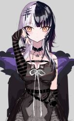  arm_strap black_arm_warmers black_choker black_coat black_dress black_hair breasts choker cleavage closed_mouth coat dress female grey_background grey_hair hashtag-only_commentary highres hololive hololive_english jewelry kozimo123456 large_breasts long_hair looking_at_viewer multicolored_hair ribbon ring shiori_novella shiori_novella_(1st_costume) simple_background solo split-color_hair striped_arm_warmers two-tone_hair virtual_youtuber white_ribbon yellow_eyes yorick_(shiori_novella) 
