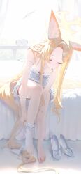  absurdres adjusting_clothes adjusting_legwear animal_ear_fluff animal_ears barefoot bent_over blonde_hair blue_archive blush breasts cleavage closed_eyes closed_mouth commentary downblouse dressing feet female forehead fox_ears fox_girl fox_tail hair_ornament hair_spread_out hairclip high_heels highres indoors legs long_hair nagomi_naka nightgown no_shoes on_bed pantyhose putting_on_legwear ribbon seia_(blue_archive) shoes sidelocks sitting strap_slip striped_clothes striped_pantyhose tail tail_ornament tail_ribbon toenails toes unworn_shoes very_long_hair white_nightgown white_pantyhose white_shoes 