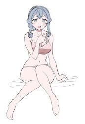  barefoot bed blue_eyes blue_hair bra breasts cleavage female gotland_(kancolle) hair_bun kantai_collection medium_breasts mole mole_under_eye panties pink_bra pink_panties short_hair_with_long_locks sitting solo tamu_(mad_works) underwear underwear_only 
