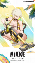  ahoge arm_strap black_choker black_gloves blonde_hair breasts choker cleavage collarbone commentary copyright_name crocs elegg_(boom_and_shock)_(nikke) elegg_(nikke) english_commentary female full_body gloves goddess_of_victory:_nikke gun hair_intakes hair_over_eyes highres holding holding_gun holding_weapon jam_(nandade) large_breasts multicolored_hair oerba_yun_fang official_art open_mouth palm_tree rabbit_ornament single_glove slingshot_swimsuit smile squatting swimsuit thighs tree two-tone_hair weapon yellow_slingshot_swimsuit zoom_layer 