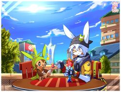  5_fingers adhesive_bandage anthro axy_(axy_usagi) axy_usagi bag beanie blue_sky chair chespin city city_background clothing cutlery dessert detailed_background duo fingers food furniture generation_6_pokemon hat headgear headwear holding_object ice_cream kitchen_utensils lagomorph leporid male male/male mammal nintendo on_chair pokemon pokemon_(species) rabbit sitting sitting_on_chair sky spoon star sun tongue tongue_out tools watermark 