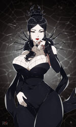  2024 adult_female arachne_gorgon artist_signature background background_pattern big_breasts black_dress black_hair black_nail_polish breasts child_bearing_hips choker cleavage cleavage_cutout cleavage_overflow deep_cleavage female huge_breasts interested light-skinned_female light_skin mature mature_female milf mommy pale-skinned_female pale_skin r3dfive red_lipstick solo solo_female solo_focus soul_eater standing straight_hair thick_thighs thighs thin_waist tied_hair white_skin wide_hips 