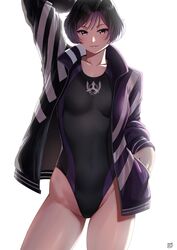  1girls big_ass big_breasts black_and_purple_hair female female_only finalcake fully_clothed jacket light-skinned_female namco one-piece_bikini reina_mishima solo swimsuit tekken tekken_8 thick_thighs 