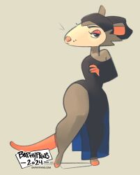  absurd_res american_opossum anthro baphypaws beanie black_clothing black_dress clothing crossed_arms curvy_figure dress exposed_leg female fur grey_body grey_fur hat headgear headwear hi_res hourglass_figure looking_at_viewer makeup mammal marsupial mascara pink_nose pink_tail possum_shopkeeper_(webfishing) solo tail whiskers white_face wide_hips 