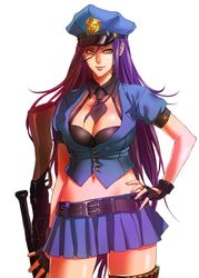  belt belt_buckle black_belt black_bra black_gloves black_necktie bra breasts buckle caitlyn_(league_of_legends) cleavage commentary_request cowboy_shot crop_top detached_collar female fingerless_gloves gloves gun hand_on_own_hip hat highres hip_focus holding holding_weapon large_belt large_breasts league_of_legends long_hair miniskirt multicolored_hair navel necktie non_(nonzile) officer_caitlyn open_clothes open_shirt peaked_cap pink_lips pleated_skirt police police_hat police_uniform policewoman protected_link purple_hair rifle short_sleeves skirt slit_pupils solo stomach thigh_strap thighs underwear uniform weapon yellow_eyes 