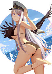  ass azur_lane bald_eagle barefoot bikini bird black_bikini blue_sky breasts commentary_request cowboy_shot day eagle enterprise_(azur_lane) female from_behind grim_(azur_lane) hat highres horizon large_breasts long_hair looking_at_viewer looking_back md5_mismatch ocarino ocean peaked_cap photoshop_(medium) purple_eyes salute sky standing standing_on_one_leg swimsuit white_hair white_hat 