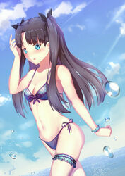  artist_name black_hair black_ribbon blue_eyes blush breasts cleavage commentary_request fate/stay_night fate_(series) female hair_ribbon highres long_hair looking_at_viewer medium_breasts navel parted_lips ribbon signature swimsuit tohsaka_rin two_side_up water_drop yeh_(354162698) 