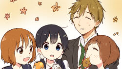  1boy 3girls :d ^_^ black_hair blue_eyes brown_hair chopsticks closed_eyes commentary_request crossover food free! fruit gingitsune_(ochiai_sayuri) iwatobi_high_school_uniform kill_la_kill kitashirakawa_tamako long_hair low_twintails mandarin_orange mankanshoku_mako meatball mochi mole mole_on_neck momose_(oqo) multiple_girls name_connection open_mouth orange_(fruit) round_teeth saeki_makoto school_uniform serafuku short_hair smile suzaki_aya tachibana_makoto tamako_market teeth trait_connection twintails voice_actor_connection wagashi 