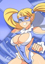  ;d bad_id bad_tumblr_id bigdead blonde_hair blue_eyes blue_leotard breasts cleavage cleavage_cutout clothing_cutout evolution_championship_series female grin hair_pulled_back highres large_breasts leotard long_hair mask one_eye_closed open_mouth rainbow_mika smile solo street_fighter street_fighter_v twintails 