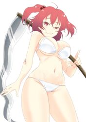  alternate_costume arm_at_side bikini breasts commentary_request cowboy_shot female from_below hair_between_eyes hair_bobbles hair_ornament large_breasts lips looking_at_viewer mukai navel onozuka_komachi over_shoulder red_eyes red_hair scythe smile smug solo stomach swimsuit touhou two_side_up underboob weapon weapon_over_shoulder white_bikini 