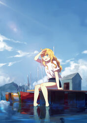  :d ahoge arm_at_side arm_up bangs blonde_hair blue_sky blush boat building cloud commentary commission crop_top day eyebrows_visible_through_hair female food fruit gabriel_dropout hair_between_eyes long_hair mountainous_horizon ocean open_mouth outdoors pear red_eyes shirt shirt_over_swimsuit sitting sketch_eyebrows sky smile solo sunlight tamomoko tenma_gabriel_white wading water watercraft white_shirt 