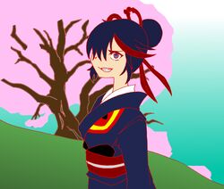  adapted_costume alternate_hairstyle bad_id bad_pixiv_id black_hair cherry_blossoms female gimp_(medium) hair_bun hair_ornament hair_over_one_eye highres japanese_clothes kill_la_kill kimono matoi_ryuuko obi sash scissor_blade_(kill_la_kill) scissors senketsu short_hair single_hair_bun solo tkool_man 