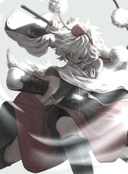  animal_ears arm_up backlighting bare_shoulders black_skirt boots bridal_gauntlets closed_mouth commentary_request detached_sleeves dual_wielding female fighting_stance floating_hair foreshortening hair_between_eyes hat highres holding holding_sword holding_weapon inubashiri_momiji long_skirt looking_at_viewer medium_hair motion_blur multicolored_clothes multicolored_skirt outstretched_arm over_shoulder pom_pom_(clothes) red_eyes red_skirt reverse_grip ribbon-trimmed_sleeves ribbon_trim rion_(glayjirobass) serious sheath skirt solo standing sword sword_over_shoulder tail tokin_hat touhou unsheathing v-shaped_eyebrows weapon weapon_over_shoulder white_hair wide_sleeves wind wolf_ears wolf_tail 