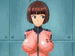  ahoge blush bob_cut breasts brown_hair embarrassed english erect_nipples female female green_eyes harada_makoto highres large_breasts latex looking_away shiny shiny_clothes shiny_hair short_hair skin_tight solo standing sweatdrop uchuu_senkan_yamato uchuu_senkan_yamato_2199 uniform woodzzz 