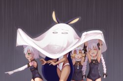  4girls ^_^ armpits arms_up bell black_bow black_dress black_leotard blonde_hair bow braid choker closed_eyes commentary_request competition_swimsuit covered_navel dark-skinned_female dark_skin dress fate/apocrypha fate/extra fate/grand_order fate_(series) green_eyes hair_ribbon hairbow haribote_(desk_of_coulomb) headpiece jack_the_ripper_(fate/apocrypha) jack_the_ripper_(summer_little)_(fate) jeanne_d&#039;arc_alter_santa_lily_(fate) jeanne_d&#039;arc_alter_santa_lily_(summer_little)_(fate) leotard long_hair medjed_(fate) multiple_girls nitocris_(fate) nitocris_(swimsuit_assassin)_(fate) nitocris_(swimsuit_assassin)_(second_ascension)_(fate) nursery_rhyme_(fate) nursery_rhyme_(summer_little)_(fate) one-piece_swimsuit open_mouth outdoors pointing rain ribbon scar scar_on_cheek scar_on_face school_swimsuit short_dress short_hair smile swimsuit tress_ribbon twin_braids white_hair white_one-piece_swimsuit yellow_eyes 