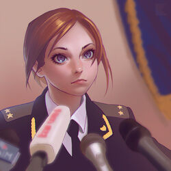  blue_eyes brown_hair commentary_request epaulettes female ilya_kuvshinov microphone military military_uniform natalia_poklonskaya necktie photo-referenced photoshop_(medium) real_life solo uniform upper_body 