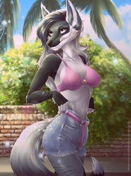  2019 5_fingers anthro breasts canid canine canis clothed clothing day detailed_background digital_media_(artwork) eyelashes female fingers hi_res jackal mammal outside p-v-s skimpy sky smile solo standing zephyr_drakious 