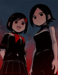  2girls absurdres anemanta_(character) ascot black_hair black_shirt black_skirt breasts expressionless hair_ornament hairclip highres katou-chan_(shiromanta) large_breasts looking_at_viewer looking_down medium_breasts multiple_girls open_mouth original red_eyes school_uniform shiromanta shirt short_hair skirt sleeveless smile 