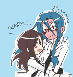  2girls ^^^ alternate_hairstyle bespectacled blue_hair blush braid brown_eyes brown_hair carol_(skullgirls) commentary full-face_blush glasses hug multiple_girls necktie nyoro_mutou painwheel_(skullgirls) red_eyes school_uniform senpai_(phrase) single_braid skullgirls time_paradox valentine_(skullgirls) 