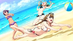  3girls ball barefoot beach beach_volleyball beachball bikini black_ribbon blonde_hair blue_sky breasts brown_hair cleavage closed_eyes cloud daitoku_junna day eyewear_on_head floating_hair frilled_bikini frills fukuda_tomonori full_body game_cg green_eyes hair_ribbon highres koujiro_frau long_hair multiple_girls navel ocean official_art open_mouth outdoors outstretched_arms panties purple_bikini ribbon robotics;notes short_hair side-tie_panties sideboob sky small_breasts standing sunglasses swimsuit tennouji_nae twintails underwear waves white-framed_eyewear white_bikini 