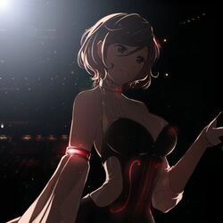  asymmetrical_sleeves auditorium backless_outfit bare_shoulders breasts brown_hair commentary detached_sleeves female flower hair_ornament halterneck hand_up large_breasts lens_flare meiko_(vocaloid) miku_symphony_(vocaloid) neck_flower red_eyes rose short_hair smile solo spotlight uneven_sleeves upper_body vocaloid yen-mi 