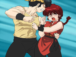  1boy angry arm_around_back bandana black_hair blush bracer braid chinese_clothes closed_eyes commentary_request crying curvy female hibiki_ryouga mage_(harumagedon) open_mouth pushing_away ranma-chan ranma_1/2 red_hair shirt single_braid sleeveless sleeveless_shirt tangzhuang 