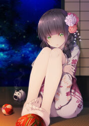  ball bare_legs barefoot black_hair blunt_bangs braid closed_mouth commentary_request feet female floral_print flower green_eyes hair_flower hair_ornament highres hugging_own_legs incense indoors japanese_clothes kayari_buta kimono knees_up legs_together long_hair looking_at_viewer night night_sky original photoshop_(medium) porch shokuyou_mogura side_braid single_braid sitting sky sliding_doors soles solo star_(sky) starry_sky tatami temari_ball toes veranda water_balloon yukata 