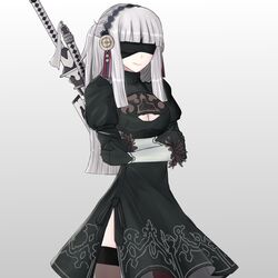  2b_(nier:automata) 2b_(nier:automata)_(cosplay) absurdres alternate_costume alternate_hair_color back_cutout black_blindfold black_dress black_gloves black_theme black_thighhighs blindfold breasts cleavage cleavage_cutout closed_mouth clothing_cutout commentary cosplay covered_eyes cowboy_shot crossed_arms cryopon dress english_commentary feather-trimmed_sleeves female fire_emblem fire_emblem_fates gloves hair_ornament highres juliet_sleeves katana lips long_hair long_sleeves nier:automata nier_(series) puffy_sleeves rhajat_(fire_emblem) simple_background smile smirk solo standing sword thighhighs turtleneck variant_set virtuous_contract weapon white_background white_hair 