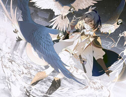  1boy bird blue_hair boots cape commentary_request dutch_angle feather_hair_ornament feathers hair_ornament male_focus mono_(freerotary) parrot photoshop_(medium) shorts taikogane_sadamune torii touken_ranbu yellow_eyes 