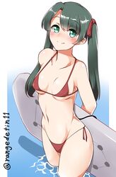  aoi_renji arms_behind_back bikini black_hair bodyboard breasts closed_mouth commentary_request cowboy_shot female green_eyes hair_ribbon highres kantai_collection long_hair looking_at_viewer mikuma_(2016_swimsuit_mode)_(kancolle) mikuma_(kancolle) red_bikini red_ribbon ribbon side-tie_bikini_bottom small_breasts smile solo swimsuit twintails twitter_username 