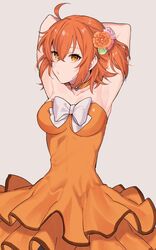  ahoge armpits arms_behind_back arms_up bad_id bad_twitter_id bare_arms blush bow breasts chaldea_logo choker collarbone dress fate/grand_order fate_(series) female flower fujimaru_ritsuka_(female) fujimaru_ritsuka_(female)_(starlight_fest) green_flower hair_flower hair_ornament hair_scrunchie highres large_breasts looking_at_viewer official_alternate_costume one_side_up open_mouth orange_choker orange_dress orange_eyes orange_flower orange_hair parted_lips pink_flower scrunchie short_hair simple_background solo strapless strapless_dress white_background white_bow yayata_(884) 