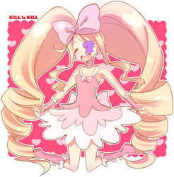  big_hair blonde_hair boots bow commentary_request drill_hair eyepatch female harime_nui heart hoshino_(nia_hoshino) kill_la_kill long_hair photoshop_(medium) pink_bow pink_footwear ribbon smile solo twin_drills twintails 