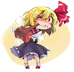  ankle_socks ascot blonde_hair boned_meat chibi commentary_request eating female food food_in_mouth food_on_face hair_ribbon meat one_eye_closed red_eyes ribbon rumia shinapuu short_hair simple_background skirt skirt_set smile socks solo steam touhou yellow_background 