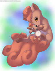  ambiguous_gender brown_body brown_eyes brown_fur brown_hair canid canine feral fur generation_1_pokemon hair hi_res hug looking_at_viewer mammal multi_tail nintendo nyaasu paws plushie pokemon pokemon_(species) simple_background smile solo tail vulpix 