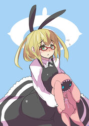  blonde_hair blush commentary_request dress female galaktika glasses green_eyes hair_ribbon highres humanization long_sleeves mockmock photoshop_(medium) ribbon roboko_(sekai_seifuku) sekai_seifuku:_bouryaku_no_zvezda short_hair solo spoilers stuffed_animal stuffed_toy sweatdrop triangle_mouth 