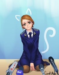  brown_hair commentary drawn_ears drawn_tail female grey_eyes highres microphone natalia_poklonskaya pantyhose real_life russia russian_commentary sitting smile smolev uniform wariza 