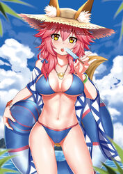  absurdres animal_ears bad_id bad_pixiv_id bikini blue_bikini blue_bow blue_ribbon blush bow breasts caibao_return chinese_commentary cleavage collarbone commentary_request day ears_through_headwear fate/grand_order fate_(series) female food fox_ears fox_tail hair_ribbon hairbow hat highres innertube jewelry large_breasts long_hair looking_at_viewer navel necklace outdoors parted_lips photoshop_(medium) pink_hair popsicle ribbon solo straw_hat sun_hat swim_ring swimsuit tail tamamo_(fate) tamamo_no_mae_(swimsuit_lancer)_(fate) tamamo_no_mae_(swimsuit_lancer)_(second_ascension)_(fate) teeth tongue tongue_out yellow_eyes 