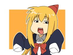  +tic_nee-san blonde_hair commentary_request female genma_iroe hat long_hair open_mouth oversized_clothes rararanago ribbon school_uniform simple_background sleeves_past_fingers sleeves_past_wrists solo tongue tongue_out 