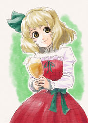  alcohol beer beerko blonde_hair commentary_request cup dress female hair_ornament kihou_kanshouzai original ribbon short_hair simple_background smile solo yellow_eyes 