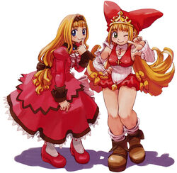  2girls archived_source bad_id bad_link blonde_hair blue_eyes bow brown_gloves crea_rosenqueen dress finger_to_mouth gloves green_eyes hairband hand_on_own_hip hat kururu_(little_princess) little_princess long_hair long_sleeves looking_at_viewer low-tied_long_hair marl_kingdom multiple_girls official_art one_eye_closed red_dress red_footwear ryoji_(nomura_ryouji) simple_background smile standing white_background 