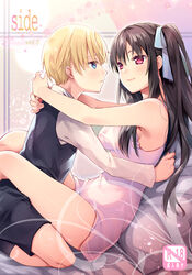  1boy age_difference arms_around_back black_hair blonde_hair blue_eyes blue_ribbon blush closed_mouth cocoa_(cafe-hotcocoa) commentary_request cover cover_page doujin_cover dress eye_contact female hair_ribbon hug long_hair looking_at_another mutual_hug one_side_up original photoshop_(medium) pink_eyes profile ribbon sitting smile tsurime white_dress 