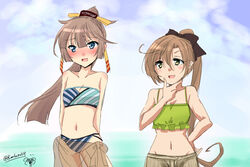  2girls adapted_costume akigumo_(kancolle) alternate_costume bare_shoulders bikini blue_eyes blush breasts brown_hair commentary_request embarrassed green_eyes hair_between_eyes hair_ribbon hand_on_own_chin kantai_collection kazagumo_(kancolle) kazagumo_(swimsuit_mode)_(kancolle) long_hair multiple_girls navel oonishi_koala open_mouth ponytail ribbon sarong small_breasts striped_bikini striped_clothes swimsuit twitter_username 