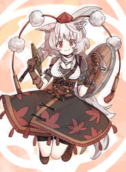  adapted_costume animal_ears armor belt bike_shorts breasts brown_footwear brown_gloves center_opening cleavage closed_mouth commentary_request corset feet_up female fishnet_armwear fishnets full_body gloves grey_hair hands_up hat holding holding_shield holding_sword holding_weapon inubashiri_momiji jewelry leaf_print long_skirt looking_at_viewer maple_leaf_print medium_skirt pauldrons pendant pom_pom_(clothes) print_skirt red_eyes rion_(glayjirobass) shield short_hair shorts shorts_under_skirt shoulder_armor single_pauldron skirt smile solo sword tail tokin_hat touhou underbust weapon wolf_ears wolf_girl wolf_tail 