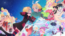  1boy 3girls aqua_eyes bad_id bad_pixiv_id bespectacled blonde_hair dual_persona floating glasses hair_ornament hair_ribbon hairclip hatsune_miku highres hood hoodie inaeda_kei kagamine_len kagamine_rin megurine_luka melancholic_(vocaloid) melancholy_(module) multiple_girls project_diva_(series) project_diva_f ribbon school_jersey_(module) scissors_(module) short_hair skirt songover takoluka tokyo_teddy_bear_(vocaloid) vocaloid 