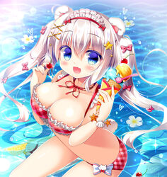  :d animal_ears argyle_bikini argyle_clothes bear_ears bear_girl bear_tail bikini bikini_top_only blue_eyes blush bow breasts cherry choker cleavage commentary_request day female flower food frilled_bikini frills fruit hair_between_eyes hair_ornament hairbow hairclip headdress heart highres holding holding_food holding_fruit ice_cream ice_cream_cone ice_cream_spoon large_breasts lemon long_hair momo_(sasai_saji) oerba_yun_fang open_mouth original pink_bow red_bikini red_choker ribbon_choker sandals sasai_saji seashell seashell_bracelet shell sidelocks signature smile solo spoon star_(symbol) star_hair_ornament starfish sunlight swimsuit tail twintails very_long_hair wading water water_drop white_hair x_hair_ornament 