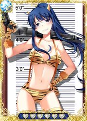  animal_print blue_eyes blue_hair bra card_(medium) female gloves grin grisaia_(series) grisaia_no_kajitsu gun hand_on_own_hip holding holding_gun holding_weapon horns kusakabe_asako long_hair looking_at_viewer navel oni_horns panties print_gloves rifle smile solo tiger_print underwear weapon yellow_bra yellow_gloves yellow_panties 